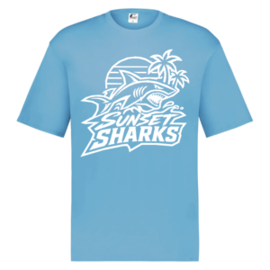 Sunset Sharks baby blue HYL performance shirt with white lettering