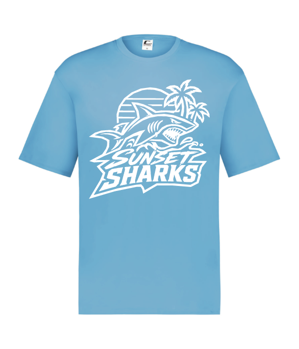 Sunset Sharks baby blue HYL performance shirt with white lettering