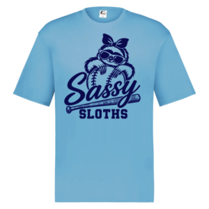 Sassy Sloths baby blue HYL performance shirt with navy lettering
