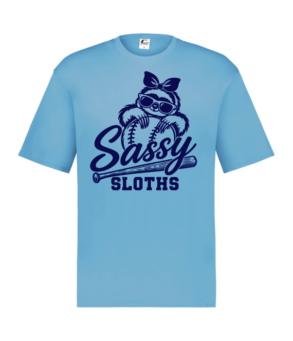 Sassy Sloths baby blue HYL performance shirt with navy lettering
