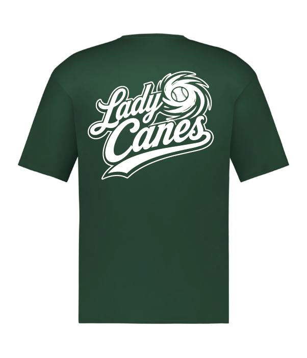 Lady Canes hunter green HYL performance shirt with white lettering