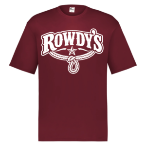 Rowdy's maroon HYL performance shirt with white lettering