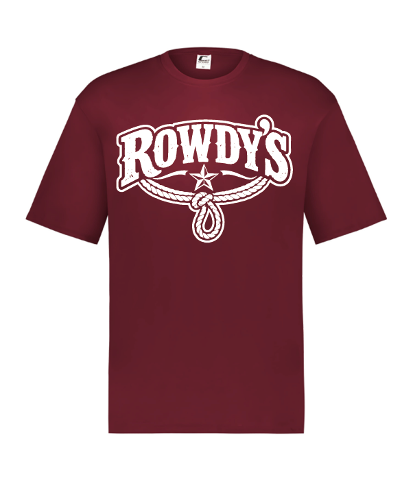 Rowdy's maroon HYL performance shirt with white lettering