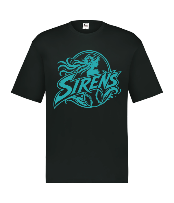 Sirens black HYL performance shirt with teal lettering