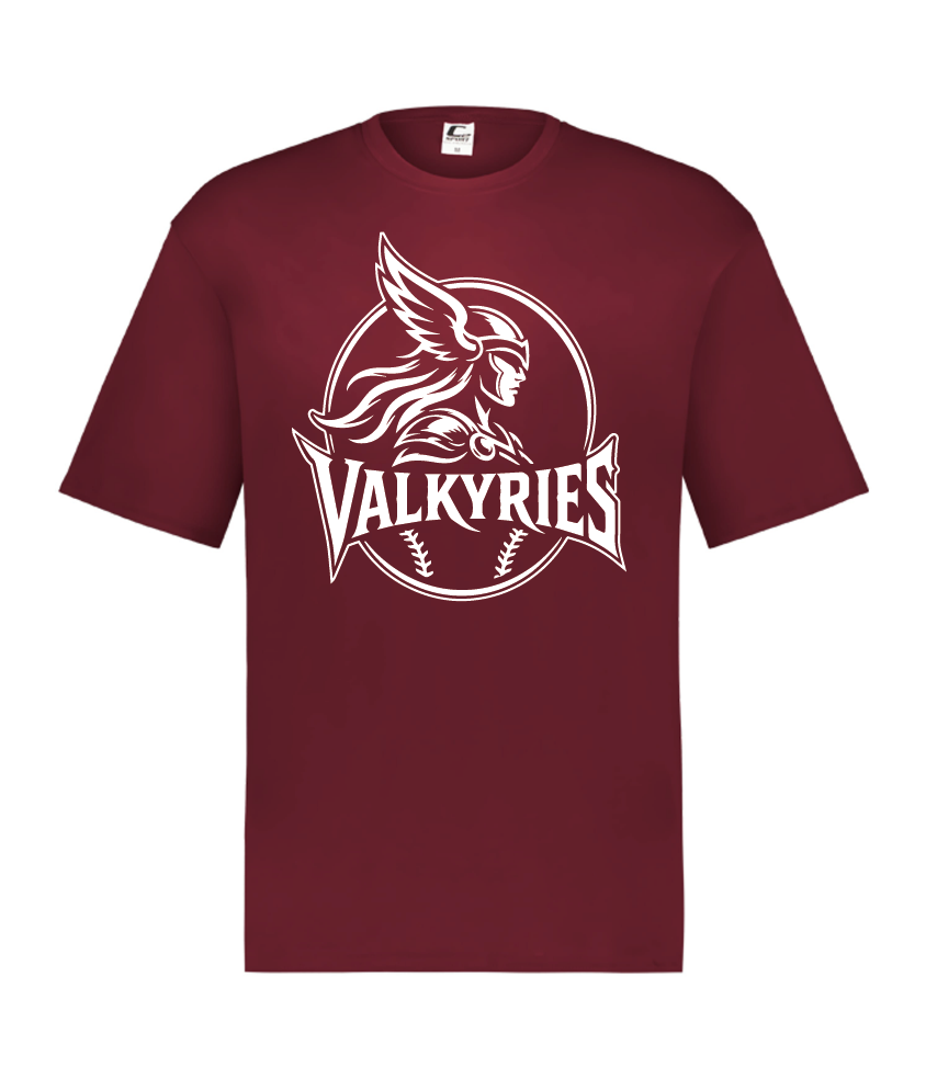 Valkyries maroon HYL performance shirt with white lettering